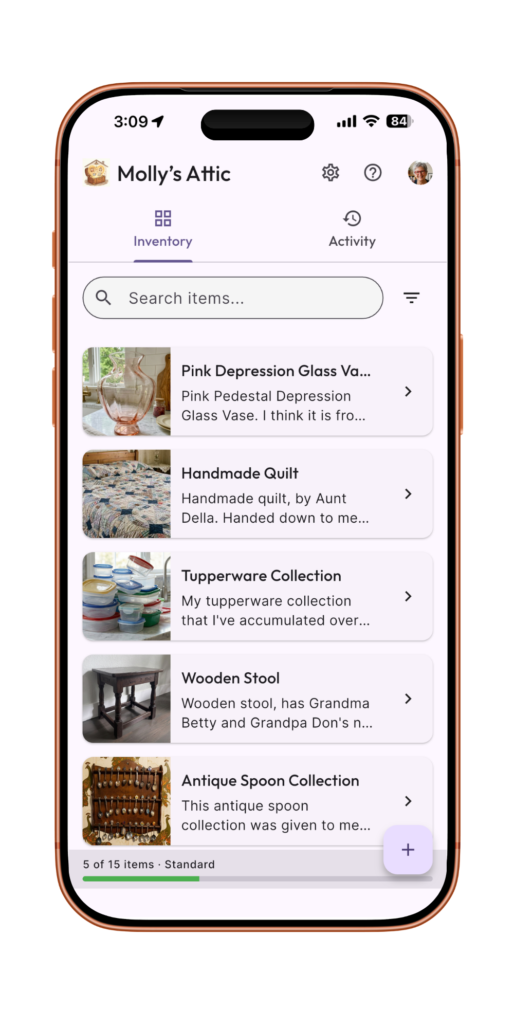 Mum's Attic collection view showing items in a gallery grid