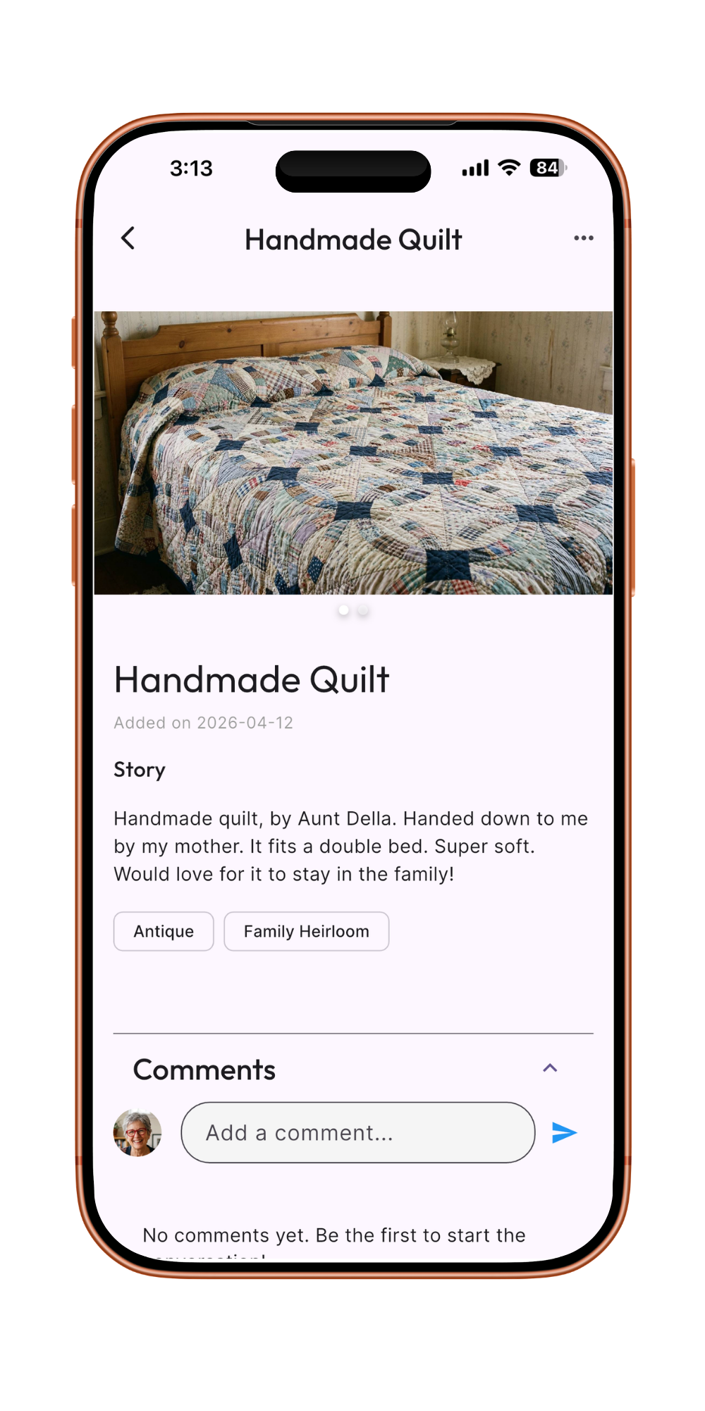 Mum's Attic item detail page showing photos and story